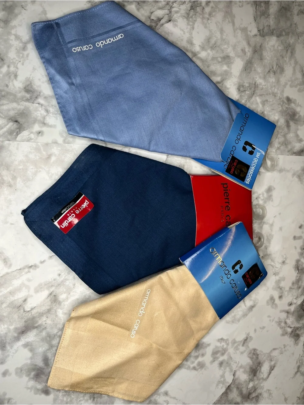 Vintage Caruso/Pierre Cardin Men's Blue and Beige Handkerchief Set